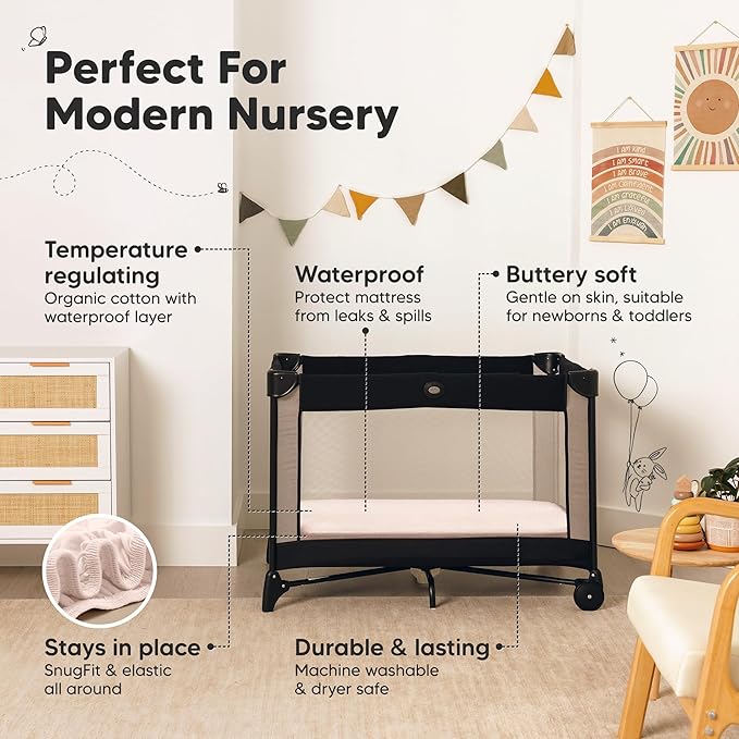 2-Pack Pack and Play Sheets, Waterproof Mini Crib Sheets Fitted - Organic Cotton Pack N Play Sheets for Graco Pack and Play Mattress, Playard Baby Crib Sheets, Neutral for Boy,Girl,Toddler (Mist Rose)