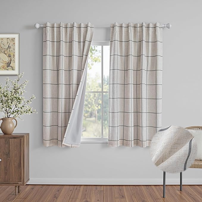 MYSKY HOME 100% Blackout Plaid Linen Curtains 72 Inches Length Double Layer Farmhouse Thermal Insulated Striped Print Drapes with Rod Pocket Back Tab for Bedroom Living Room, 2 Pcs, 52"Wide, Deep Grey