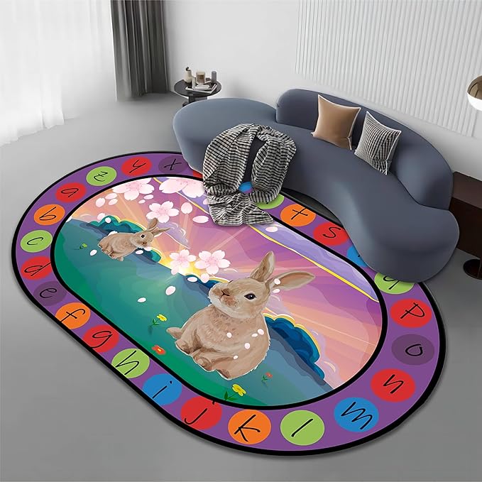 Rabbit Print Area Rug, 6x8ft, Bunny Sakura Flower Easter Floor Mat, Educational and Fun Rugs with ABC Alphabet, Non-Slip Washable Kids Play Mat for Boys and Girls Home Decor