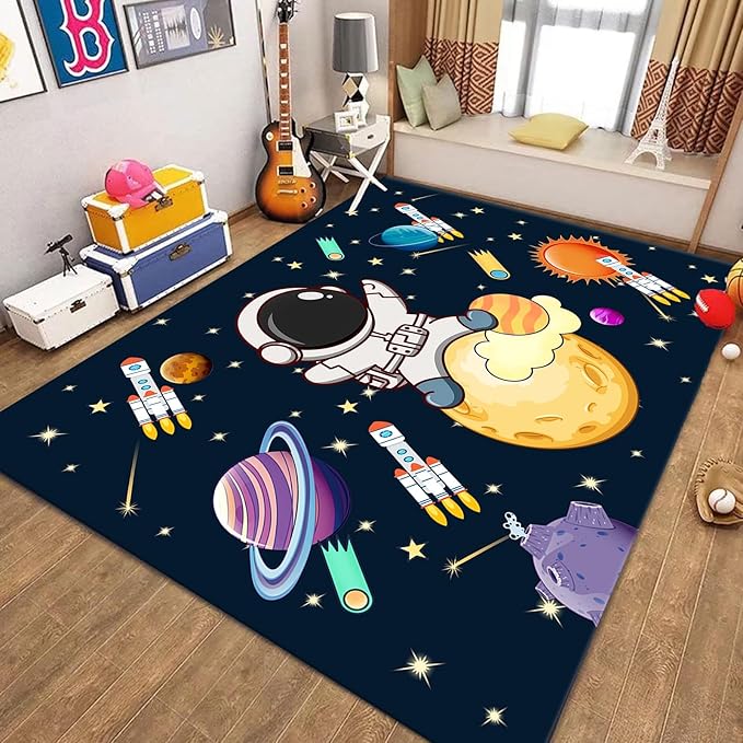4x5ft Kids Space Themed Area Rug - with Spaceman, Rocket and Planet Design, Non-Slip Washable, Easy Care Rug, Suitable for Kids Playroom, Boys and Girls Room Decor