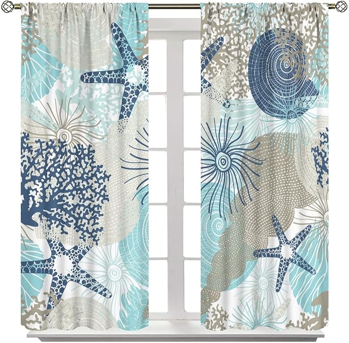 Coastal Curtains Ocean Beach Themed Room Darkening Window Curtain Nautical Coral Blackout Curtain for Bedroom Living Room Bathroom Nursery Set 2 Panels,52x84 Inches