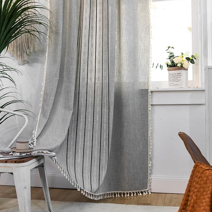 Deeprove Boho Style Curtains 96 inches Long, Vintage Bohemian Embroidery Striped Farmhouse Cotton Linen Fringe Window Treatments Bedroom Nursery Decor, W52 x L96, 1 Panel Dusty Grey and Stone Blue