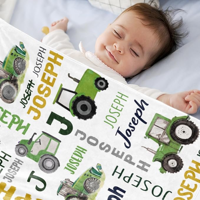 Personalized Tractor Blanket with Name for Baby Boys, Custom Name Blanket Trucks for Kid, Soft Flannel Toddler Blankets Customized Gift for Newborn Baby Shower Birthday-30 x40