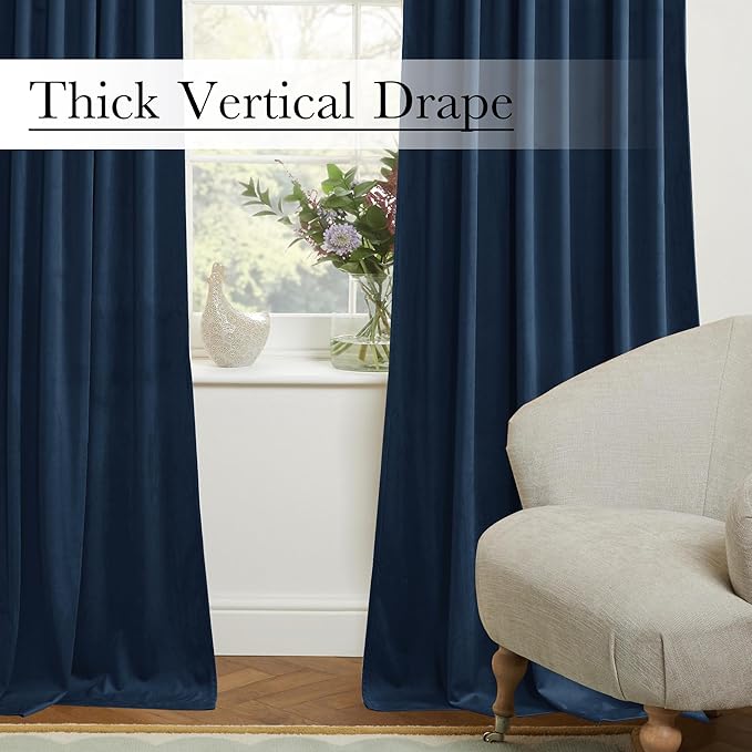StangH Navy Blue Velvet Blackout Curtains 90 inches Long, Back Tab Privacy Sliding Door Drapes Thermal Insulated Noise Reducing Window Drapes for Living Room, W62 x L90, 2 Panels