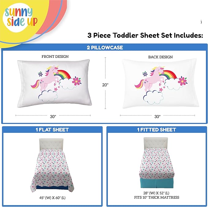 Sunny Side Up Rainbow Unicorns Toddler Sheet Set - 3 Piece Toddler Bedding Set Includes Pillow Cover - Super Soft Floral Hearts Microfiber Sheets