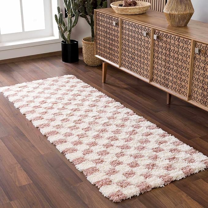 Hauteloom Atira Contemporary Checkered Fluffy Shag Area Rug - Modern Geometric Carpet Tiles for Living Room, Kids Room, Nursery - Plush Pile - Pink, Cream, White - 7'10" x 10'3"