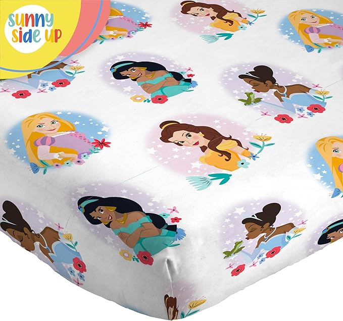 Sunny Side Up Disney Princess Full Sheet Set - 4 Piece Kids Bedding Set Includes Pillow Cover - Super Soft Rainbow Microfiber Sheets Moana, Belle & Rapunzel