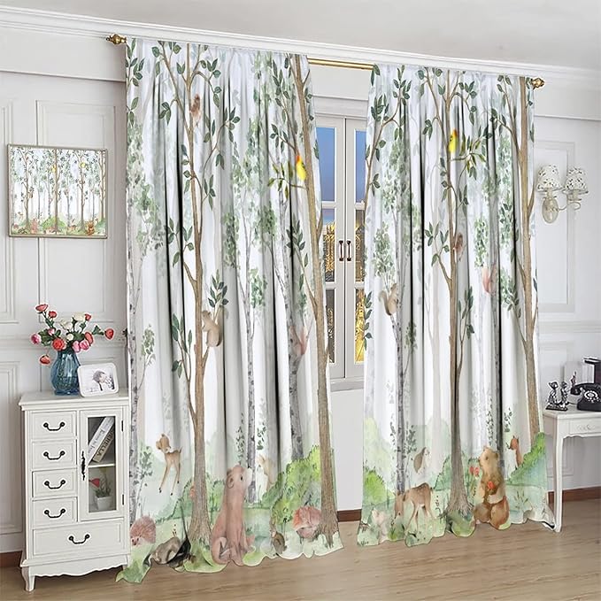 Kids Watercolor Woodland Animal Window Curtains, Bear Deer Squirrel Hedgehog Fox Birds Green Forest Blackout Rod Pocket Treatment for Boys Girls Bedroom 63x72in