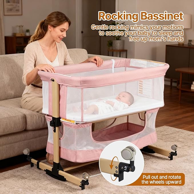 Baby Bassinet Bedside Sleeper, 3-in-1 Bedside Bassinet, 5 Height Adjustable Rocking Baby Crib, Breathable Full Mesh, Mosquito Net, Storage Basket, Stable and Secure Bassinets for Newborn Infant