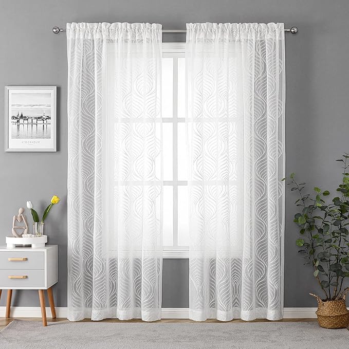 VISIONTEX White Sheer Curtains 72 Inches Long 2 Panels Set Moroccan Embroidery Texture Geometric Rod Pocket Ivory White Voile Tulle Semi Window Treatment Pair for Bedroom Living Room 54 x 72 Inches