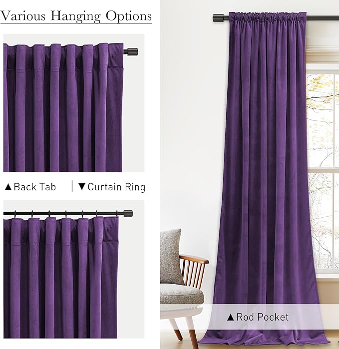 StangH Purple Velvet Curtains 52x84 inches, Room Darkening Super Soft Drapes for Bedroom Living Room, Thermal Insulated Window Treatment, 2 Panels