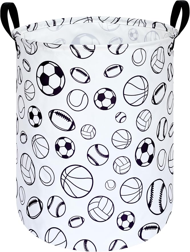 KUNRO Round Basketball Football Laundry Gift Basket Storage Hamper, Kids Toys and Clothes Storage Organizer Bins, Toy Shelf Basket with Handles for Room Decor (Sports ball)