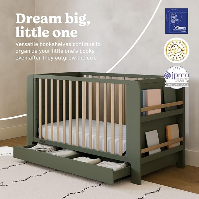 Graco Read-with-Me 4-in-1 Convertible Crib with Drawer (Olive with Driftwood) - GREENGUARD Gold Certified Converts to Toddler Bed, Daybed, and Functional Bookshelves