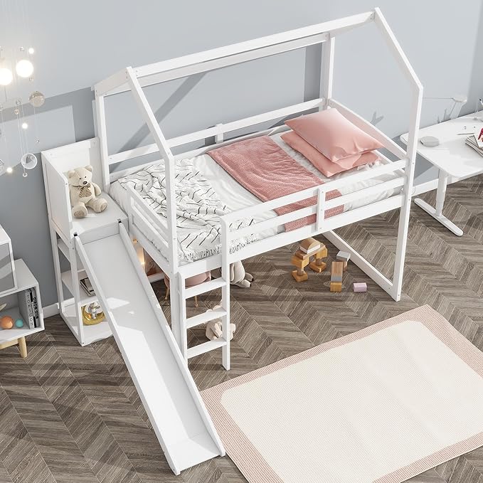 Playful Twin Size Wood House Loft Bed with Slide and Climbing Ramp, Multiple-Function Low Loft Bed Frame with Storage Shelves and Light for Kids Teens Boys Girls Bedroom (White-C)