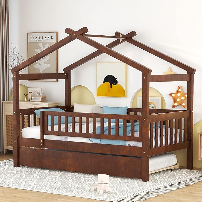 Harper & Bright Designs Twin House Bed with Trundle, Kids Twin Platform Frame Rails and Roof, Tent Bed, Wood Playhouse Twin Montessori for Teens Girls & Boys, No Box Spring Needed (Walnut)