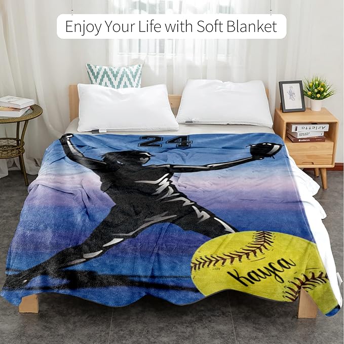Custom Softball Blanket with Name Number: Personalized Fluffy and Warm Gift for Baby Toddler Kids and Adults Birthday Skin-Friendly Flannel Fabric(60x80inch)