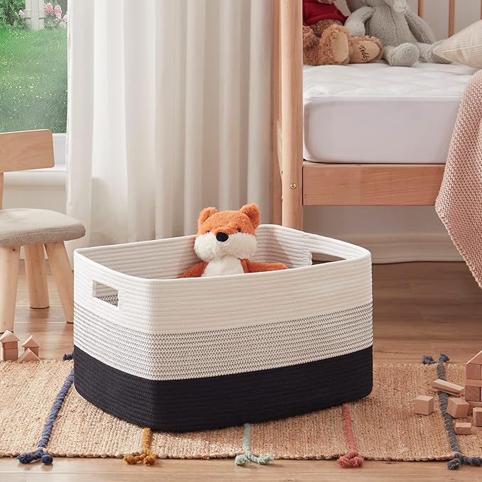 OIAHOMY Large Blanket Basket, 22”x17”x12” Rectangle Woven Baskets, Nursery Blanket Storage Living Room, Toy Storage With Handle, Large Baskets for Organizing-Gradient Black