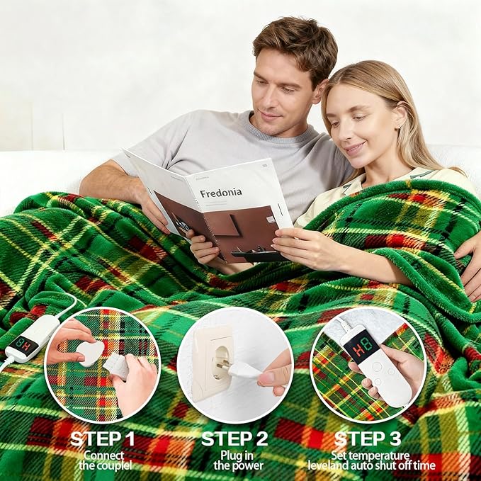 Electric Blanket Heated Twin, Soft Flannel 62"x84" Plaid Heating Blanket with 8 Hours Auto Off 10 Fast Heating Levels Machine Washable Sherpa Heated Blanket with Overheating Protection