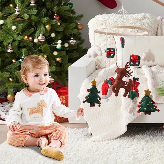 Baby Crib Mobile Christmas Deer Crib Hanging Toy Felt Xmas Tree Clouds Stars Baby Wind Chimes for Newborn Girls Boys