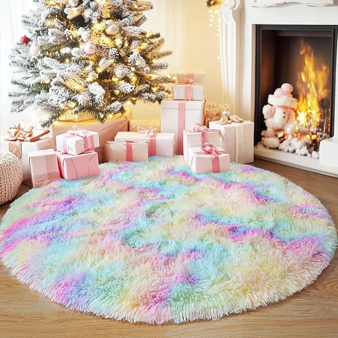 4'x4' Rainbow Round Rugs for Girls Bedroom, Ultra Soft Fluffy Circle Rug for Kids Room, Cute Shag Rugs for Living Room Playroom Tent Castle Home Decor Rug