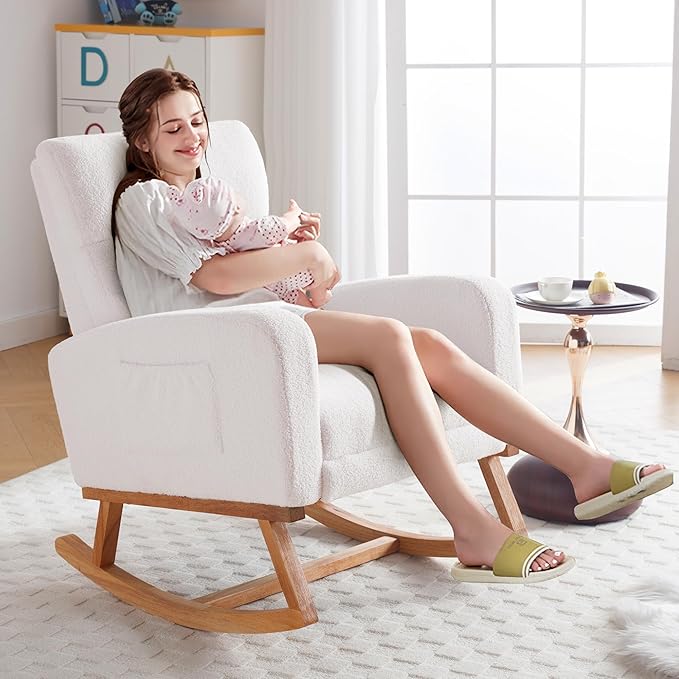 Rocking Chair Nursery with Foot Rest, Nursing Rocking Chairs for Mom Nursery, Teddy Rocker Glider with High Backrest for Living Room, Bedroom, White
