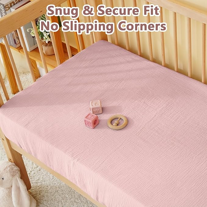 Muslin Crib Sheet – 100% Cotton Baby Fitted Sheet for Boys & Girls, Ultra Soft & Breathable, Snug Fit with 360° Elastic, Fits Standard Crib Mattress 28" x 52" & Toddler Beds.