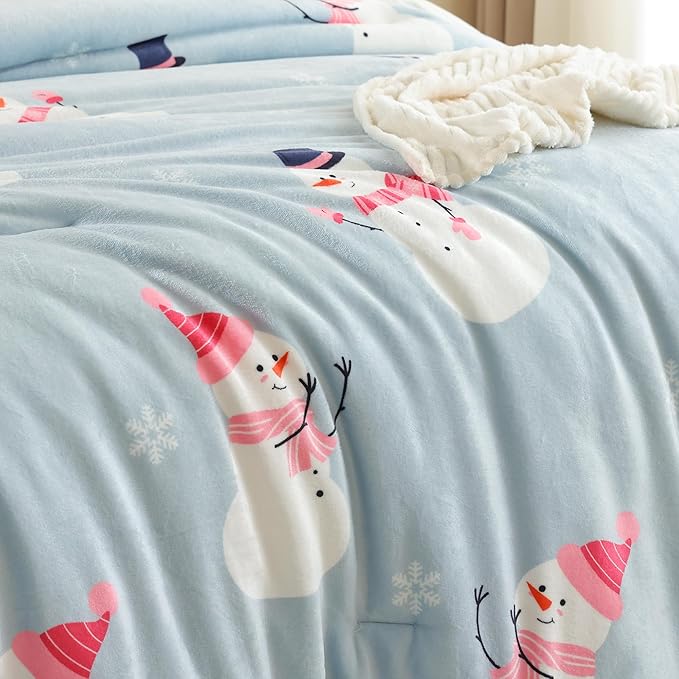 JANZAA Christmas Queen Comforter Set, Blue Flannel Comforter with Snowman Pattern, Soft Cozy Lightweight Bedding Set Fluffy Comforter Set 1 Queen Comforter(90"*90") and 2 Pillowcases (20"*26")