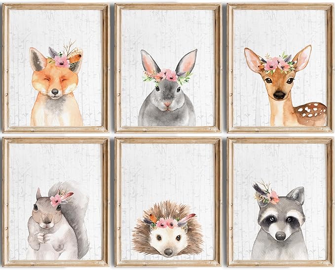 DREAM BIG PRINTABLES Woodland Animals Nursery Wall Art Prints (Set of 6) - Unframed - 11x14s - Farmhouse Boho Art - Great - Unisex for Boys and Girls - Kids Bedroom Wall Art