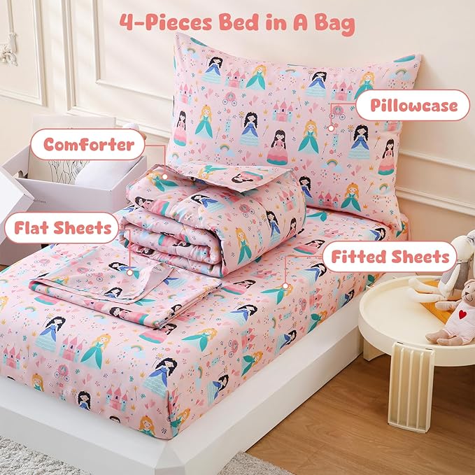 LONAVA Twin Kids Comforter Set - 4 Pieces Twin Bedding Sets for Boys Girls Children, Ultra Soft Microfiber Bed in A Bag with Flat Fitted Sheets, Princess
