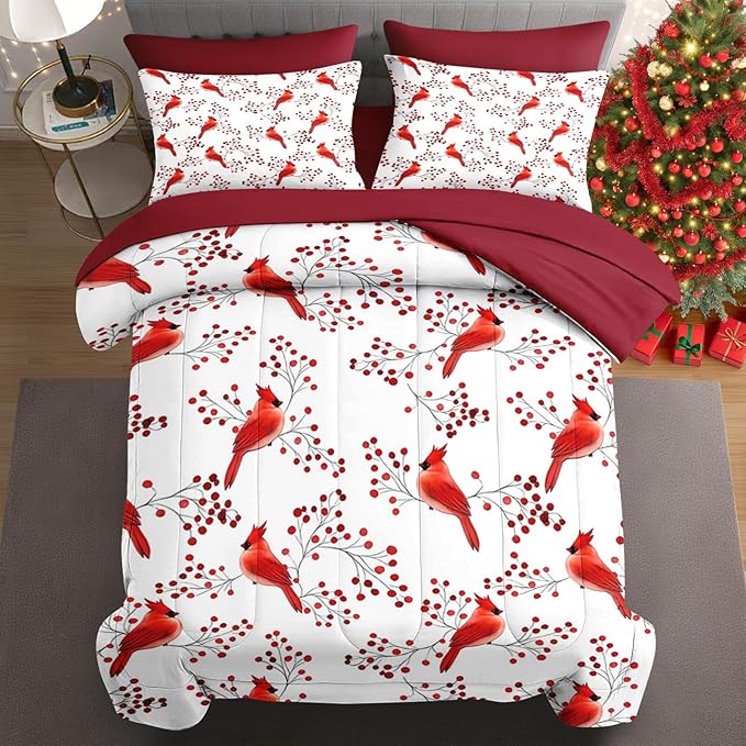 5 Pcs Twin Size Christmas Comforter Set with Pillowcase & Sham, Winter Cardinal Bird Bedding for Kids and Adults, Berries Branches Bed in a Bag with Flat Fitted Sheet