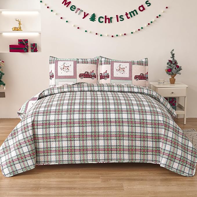 Christmas Bedding Set Queen Quilt Bedspread Coverlet,Plaid Patchwork Christmas Quilt Bedding Holiday Xmas Bedspread Lightweight Reversible Gnome Santa Claus Home Festival Decor