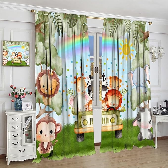 Woodland Kids Curtains Rustic Woodland Wild Animals Watercolor Forest Rainbow Sun Window Draeps for Baby Girls Boys Kids Nursery Bedroom Living Room 2 Panels, 55x63 Inch