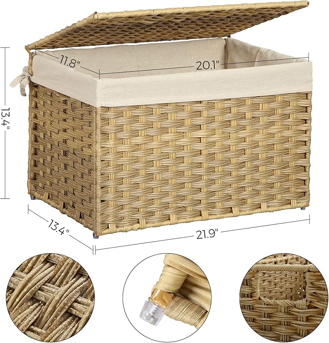 SONGMICS Storage Basket with Lid, 17.2 Gallon (65L) Storage Bin, Woven Blanket Storage Basket with Handles, Foldable, Removable Liner, Metal Frame, for Bedroom, Laundry Room, Natural URST56NL