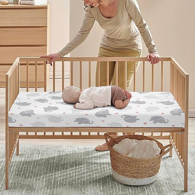 Elephant Fitted Crib Sheet for Boys Girls Watercolor Grey Elephants Baby Sheet for Standard Crib and Toddler Pink Paw Print and Heart Nursery Bed Mattress Sheets 28"x52"
