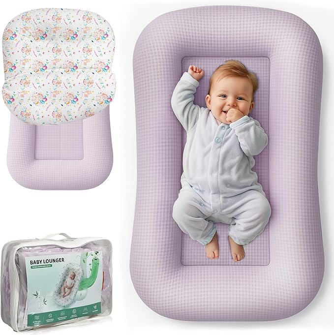 Baby Lounger for Newborn - Infant Lounger 0-24 Months with Lounger Cover, Cooling Baby Nest Lounger, Breathable Waffle Fabric & 3D Support, Portable Newborn Essentials, Pink