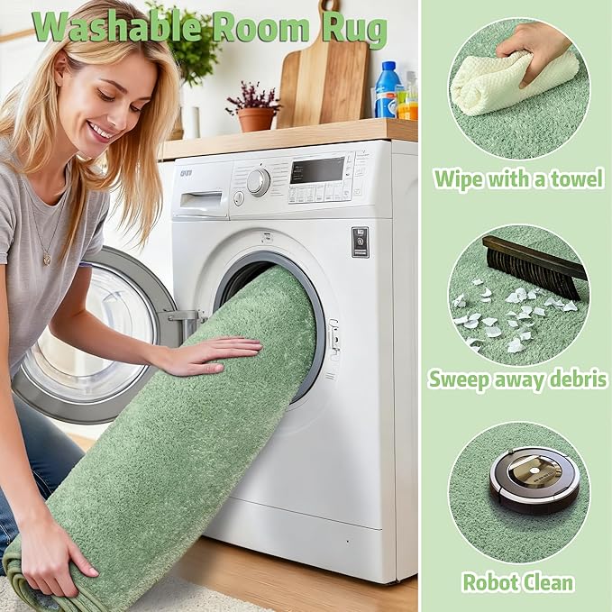 Chicrug 5x7 Minimalist Washable Area Rugs for Bedroom Living Room Classroom, Modern Soft Memory Foam Rug for Kids Nursery, Low Plie Indoor Carpet for Dorm Dining Office Bedside Room Decor, Sage Green