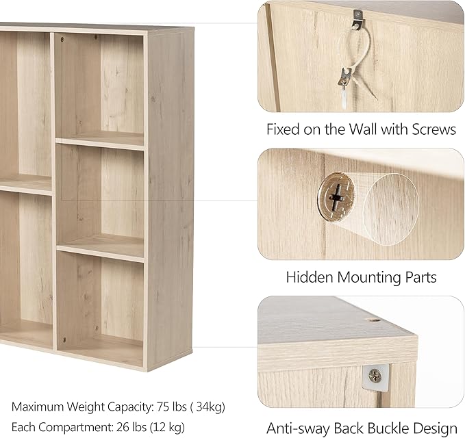5 Cube Storage Organizer Bookshelf, Closed Back Display Bookcase, Cubby Shelf for Home Office, Living Room, Kids Room, Large Capacity Toy Storage, 35.98" L x 9.45" W x 24.09" H, White Oak