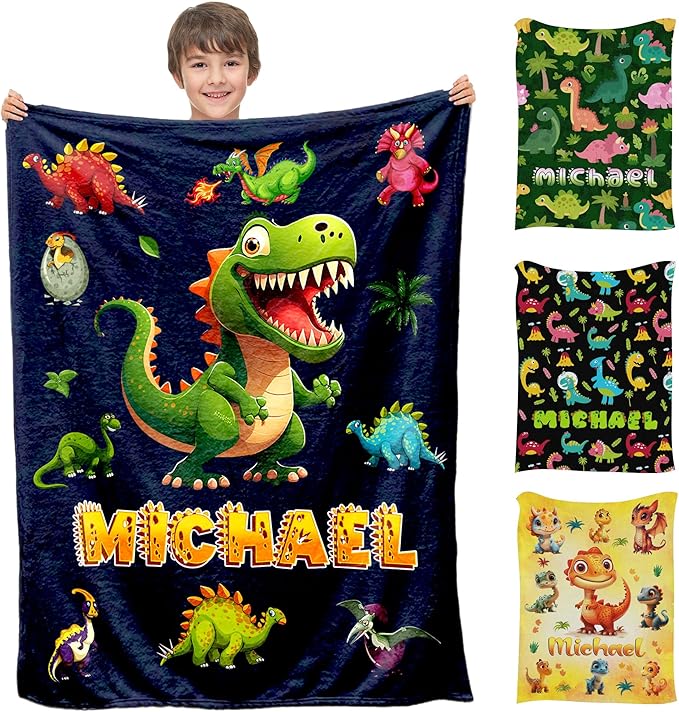 Ship Next Day, Custom Baby Blanket with Name for Boys Girls, Dinosaur Blankets, Personalized Name & Animals Blankets for Kids Teens, Christmas Birthday Gifts for Daughter Son Nephew Niece