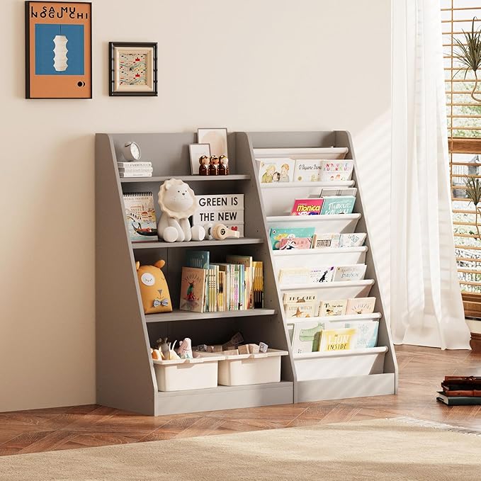 NACHES 4 Tier Kid Bookshelf Wooden 6 Sling Children Bookcase Toddler Montessori Bookcase Book Rack Display Toy Storage Organizer Book Display Shelf Stand Classroom Bedroom Nursery Playroom(Grey)