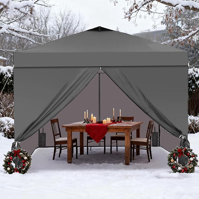 GDY 10x10 Pop Up Canopy Tent with 4 Sidewalls, Easy Set up with One Push Lift Outdoor Silver Coated Beach Gazebos, Carpas with 4 Sandbags, for Pool, Events, Parties, and Camping, Gray.