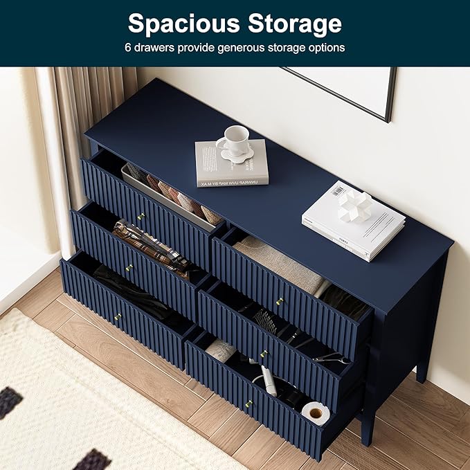 RoyalCraft 6 Drawer Dresser, Fluted Modern Wood Chest of Drawers, Long Dresser for Bedroom TV Stand Storage Cabinet for Living Room, Blue