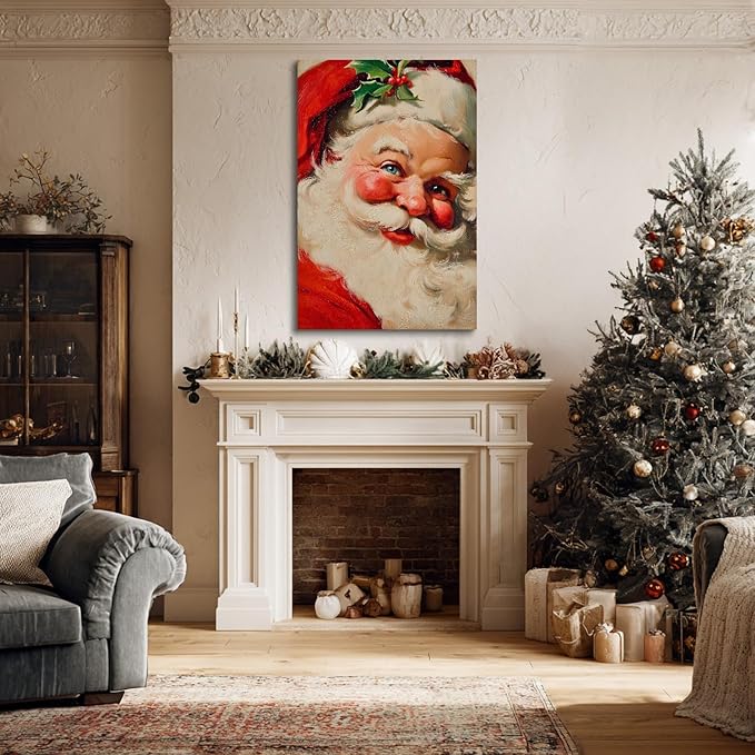 YONICA Christmas Canvas Wall Art Classic Santa 18x24 Inch Traditional Oil Painting Portrait - Large Framed Gallery Wrapped Living Room Art
