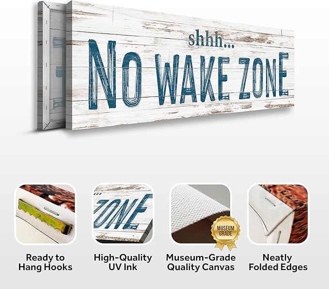 TAILORED CANVASES - No Wake Zone Sign, Charming Wall Decor for lakehouse and house, 'Shh No Wake Zone' Sign, Rustic Above Bed Decor, Lake House, Ideal Gift for Any Space 16x48