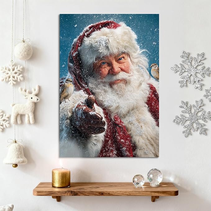 YONICA Christmas Canvas Wall Art Snowy Santa 24x32 Inch Winter Scene with Birds and Snowfall - Large Framed Gallery Wrapped Nature Theme