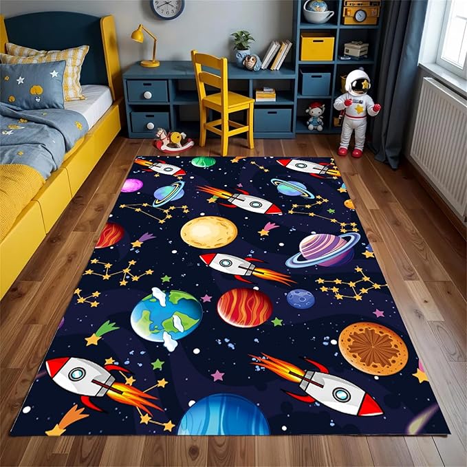 Outer Space Themed Rug,5x8ft,with Cartoon Planets,Stars and Rocket Design Rugs, Suitable for Playroom Bedroom Printed Rug, Non-Slip Machine Washable Carpet, Children's Room Decor