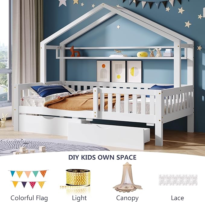 Aoowow Twin Size House Bed with Storage Drawers and Shelf,Kids Wooden Bed Frame Twin Platform Bed with Slats and Fence for Boys Girls Teens for Bedroom(White)