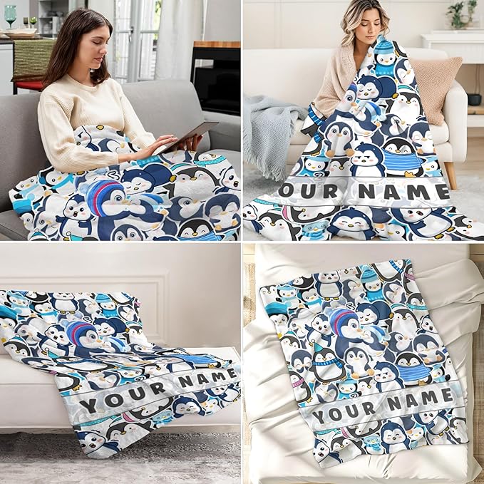 Personalized Penguin Gifts for Kids - 30" x 40" Inches Cute Penguin Throw Blankets for Girls - Blue Soft Furry Blankets for Sofa, Lap & Office
