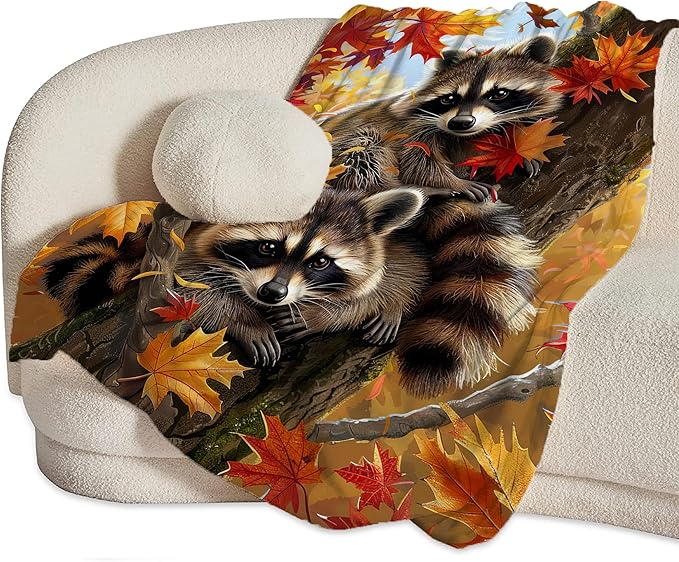 Raccoon Blanket Funny Raccoons Gifts for Girls Boys Woman Kids Raccoon Lover Maple Leaf Throw Blankets Soft Blanket Warm Fleece Flannel Plush Blankets for Bed Sofa Couch 50"x60"