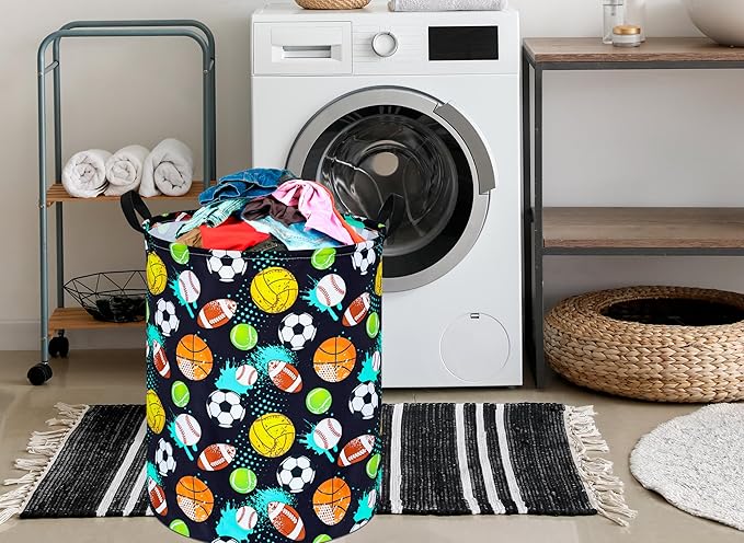 KUNRO Basketball Football Laundry Gift Basket Storage Hamper, Kids Toys and Clothes Storage Organizer Bins, Toy Shelf Basket with Handles for Room Decor (Sport-Balls)