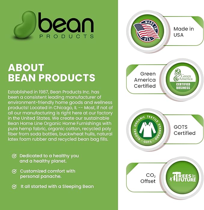 Bean Products 14" x 20" Japanese Bed Pillow for Sleeping – Organic Buckwheat Fill with Organic Cotton Fabric, Soft Head Pillow – Eco-Friendly, Breathable, and Durable Sleep Aid, Made in The USA